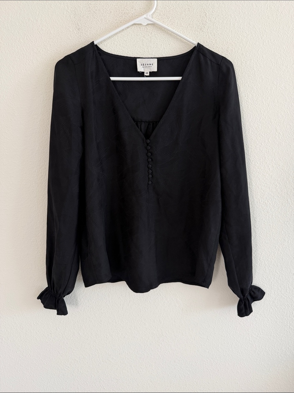 Sezane Silk Ruffle Cuff Deep V-Neckline Button Detail Blouse Business Casual